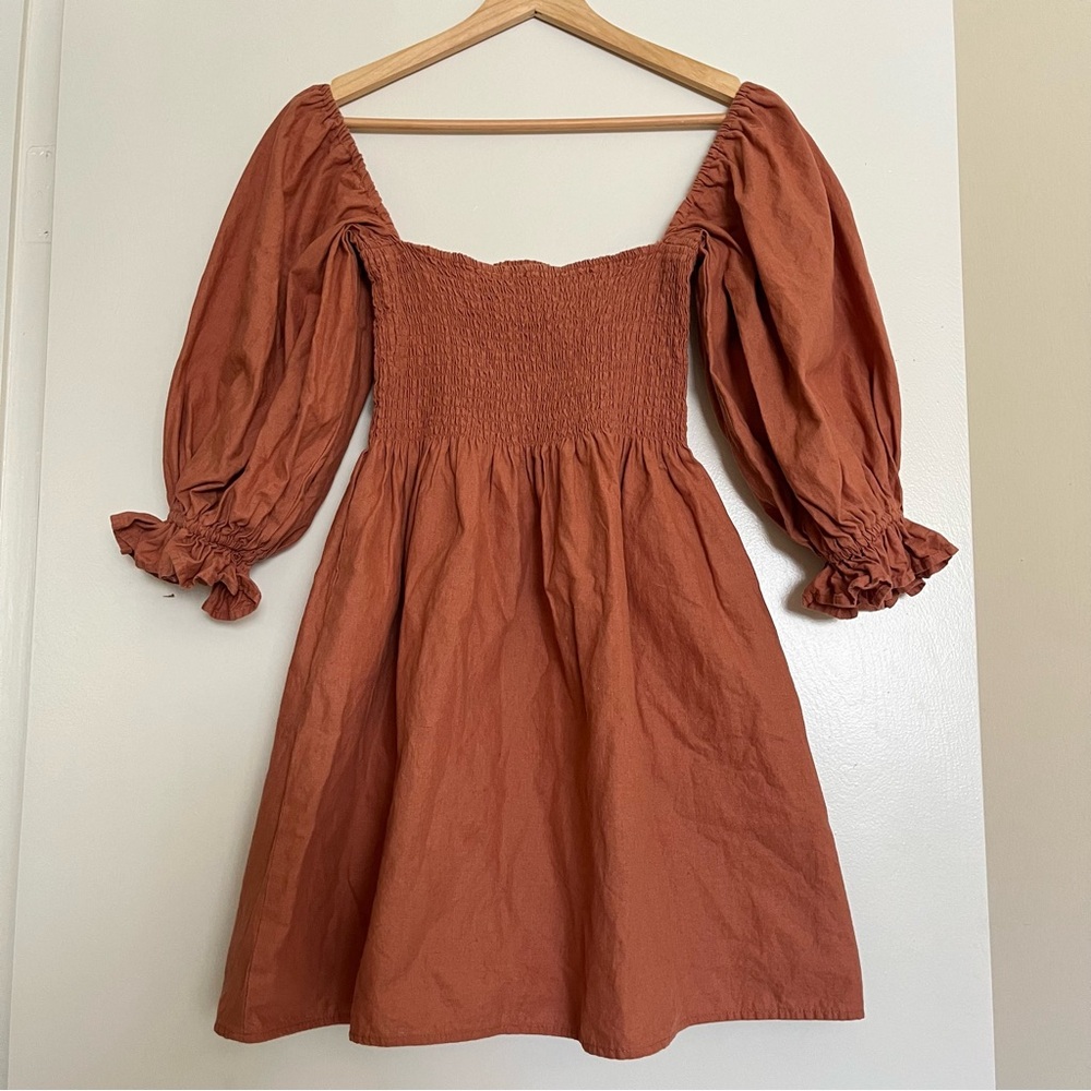 Kourt Portia Linen Flax Rust Burnt Orange Smocked Puff Sleeve Mini Dress Sz S